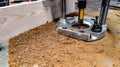 Manual milling machine on a joinery workbench covered with small shavings Royalty Free Stock Photo