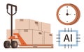 Warehouse pallet jack with stacked boxes, analog clock, and AI processor chip symbolizing innovation Royalty Free Stock Photo