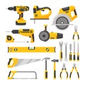 Manual and Power Tools for Maintenance and Construction Isolated on White. Icons Set of Cartoon Vector Illustration Royalty Free Stock Photo