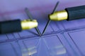 Manual probe system with needles for test of semiconductor on silicon wafer. Selective focus. Royalty Free Stock Photo