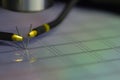 Manual probe system with needles for test of semiconductor on silicon wafer. Selective focus Royalty Free Stock Photo