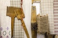 Manual processing of flax. Wooden fixture with a handle. Weaving. Clapping and combing linen. Combing dry linen fibers. selective