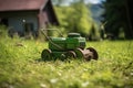 manual push lawn mower on a small lawn patch