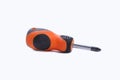 Manual screwdriver with rubber handle.