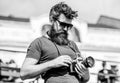 Manual settings. Photographer hold vintage camera. Modern blogger. Content creator. Man bearded hipster photographer