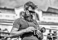 Manual settings. Photographer hold vintage camera. Modern blogger. Content creator. Man bearded hipster photographer