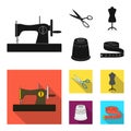 Manual sewing machine, scissors, maniken, thimble.Sewing or tailoring tools set collection icons in black, flat style