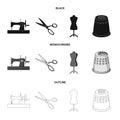 Manual sewing machine, scissors, maniken, thimble.Sewing or tailoring tools set collection icons in black,monochrome