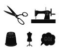 Manual sewing machine, scissors, maniken, thimble.Sewing or tailoring tools set collection icons in black style vector