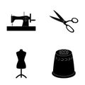 Manual sewing machine, scissors, maniken, thimble.Sewing or tailoring tools set collection icons in black style vector Royalty Free Stock Photo