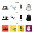 Manual sewing machine, scissors, maniken, thimble.Sewing or tailoring tools set collection icons in cartoon,black,flat Royalty Free Stock Photo