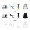 Manual sewing machine, scissors, maniken, thimble.Sewing or tailoring tools set collection icons in cartoon,black