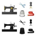 Manual sewing machine, scissors, maniken, thimble.Sewing or tailoring tools set collection icons in cartoon,black style