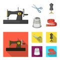 Manual sewing machine, scissors, maniken, thimble.Sewing or tailoring tools set collection icons in cartoon,flat style Royalty Free Stock Photo