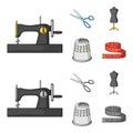 Manual sewing machine, scissors, maniken, thimble.Sewing or tailoring tools set collection icons in cartoon,monochrome