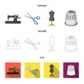 Manual sewing machine, scissors, maniken, thimble.Sewing or tailoring tools set collection icons in cartoon,outline,flat