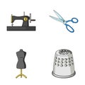 Manual sewing machine, scissors, maniken, thimble.Sewing or tailoring tools set collection icons in cartoon style vector