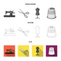 Manual sewing machine, scissors, maniken, thimble.Sewing or tailoring tools set collection icons in flat,outline