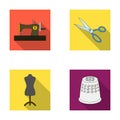 Manual sewing machine, scissors, maniken, thimble.Sewing or tailoring tools set collection icons in flat style vector