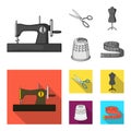 Manual sewing machine, scissors, maniken, thimble.Sewing or tailoring tools set collection icons in monochrome,flat