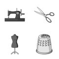 Manual sewing machine, scissors, maniken, thimble.Sewing or tailoring tools set collection icons in monochrome style