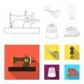 Manual sewing machine, scissors, maniken, thimble.Sewing or tailoring tools set collection icons in outline,flat style Royalty Free Stock Photo