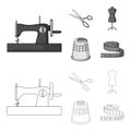 Manual sewing machine, scissors, maniken, thimble.Sewing or tailoring tools set collection icons in outline,monochrome