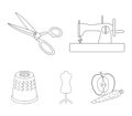 Manual sewing machine, scissors, maniken, thimble.Sewing or tailoring tools set collection icons in outline style vector Royalty Free Stock Photo