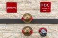 Manual standpipes, automatic sprinkler fire department connection, red signs with inscriptions on Royalty Free Stock Photo
