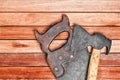 Manual tools over wooden boards Royalty Free Stock Photo