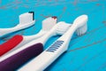 Manual toothbrush set on blue background Royalty Free Stock Photo