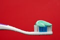 A manual toothbrush with toothpaste on red Royalty Free Stock Photo