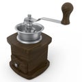 Manual wooden coffee grinder with coffee beans on white background.