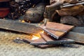 Manual Worker cut steel with gas - Plasma Cutting Machine on Steel Plate Royalty Free Stock Photo