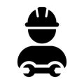 Manual worker icon vector male construction service person profile avatar with hardhat helmet and wrench or spanner tool in glyph