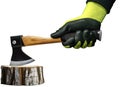 Gloved Hands Holding a Modern Axe on a Tree Stump - Generative Ai Royalty Free Stock Photo