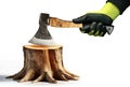 Gloved Hands Holding a Modern Axe on a Tree Stump - Generative Ai Royalty Free Stock Photo