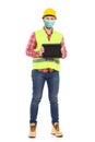 Manual worker wearing surgical mask is presenting shockproof digital tablet