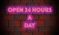 Manually created illustration of a brick wall with the word open twenty four hours a in neon