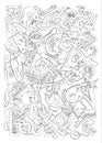 Manually drawn abstract pattern, outlined brush marks on white base