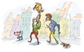 Manually drawn humorous illustration, where two men walk their pets, in city scene Royalty Free Stock Photo