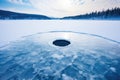 manually drilled hole in the ice with clear, blue water