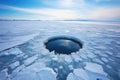 manually drilled hole in the ice with clear, blue water