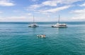 Manuel Antonio Costa Rica 02.11.2019 white catamaran yacht excursion in blue bay with empty beach Central America Royalty Free Stock Photo