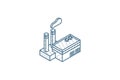 manufacture, industrial factory building isometric icon. 3d line art technical drawing. Editable stroke vector