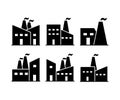 Manufacture industrial factory collection black vector square set of icons or silhouette line logo isolated on white