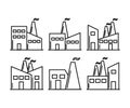 Manufacture industrial factory collection black vector square set of icons or silhouette line logo isolated on white