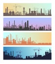 Manufacture industrial landscapes vector illustrations, cartoon flat urban refinery panorama skyline set, oil refinery