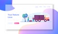 Manufacture Landing Page Template. Gardener Characters Harvesting Fruits into Boxes Loading in Truck for Delivering