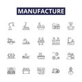 Manufacture line vector icons and signs. Construct, Assemble, Fabrication, Produce, Manufacture, Create, Build, Make